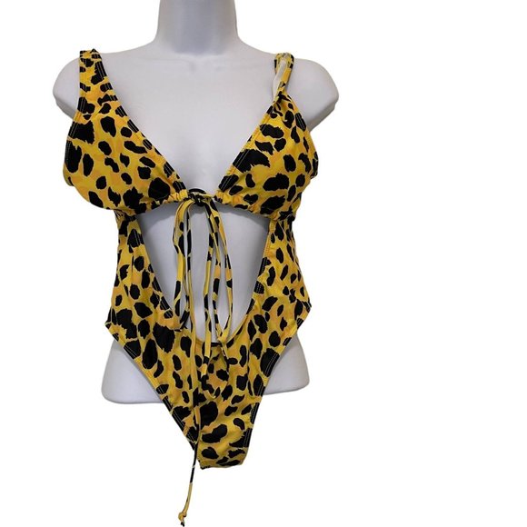 Womens Cut Out Wrap Around One-piece Swimsuit Yellow Black Leopard Size Medium - Picture 8 of 10